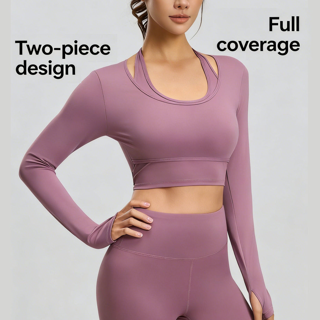 Halter Neck Layered Long Sleeve Yoga Crop Top