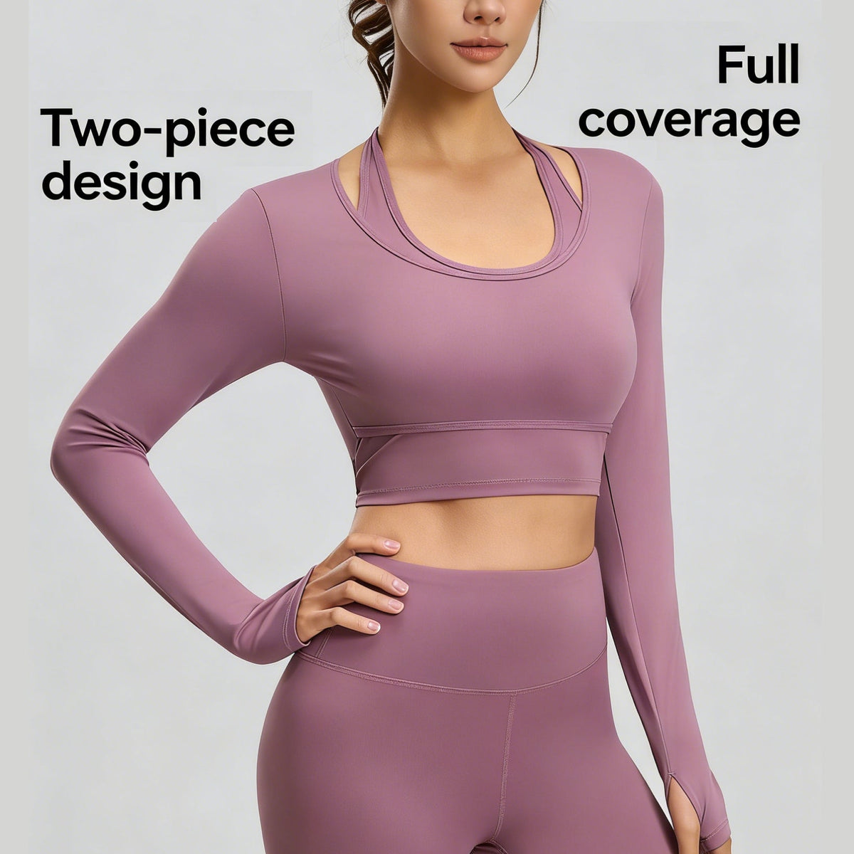 Halter Neck Layered Long Sleeve Yoga Crop Top