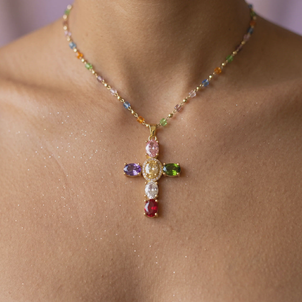 Colorful beaded cross necklace