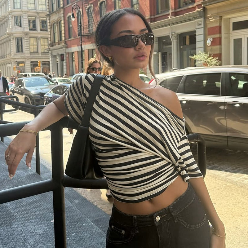 One-shoulder striped cropped top