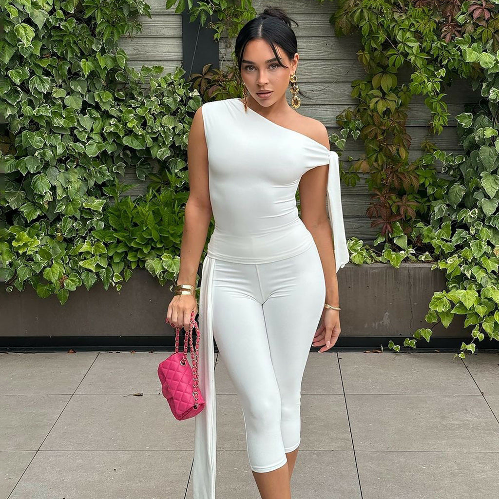 One-shoulder tie-strap top and cropped trousers set