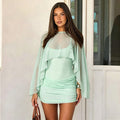 Sheer Flounce Cape Overlay Spaghetti Strap Short Dress