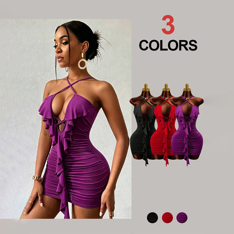 Crisscross Ruffled Pleated Slim-Fit Dress