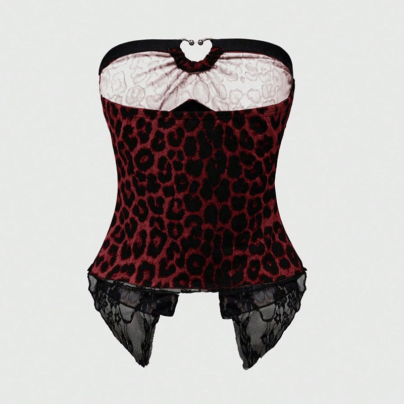 Leopard-print lace-trim tube top