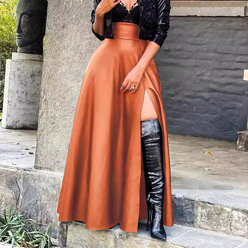 High-waisted side-slit leather skirt