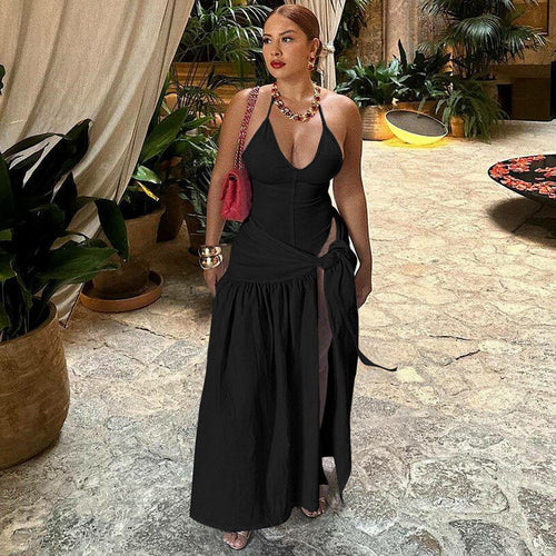 Backless Halter Bodysuit  High Slit Tie Waist Maxi Skirt Set