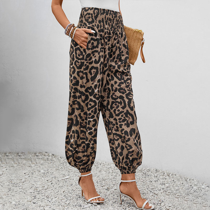 Casual leopard print elastic waist harem pants