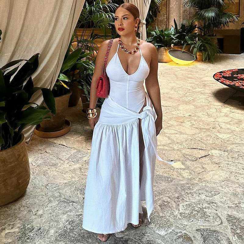 Backless Halter Bodysuit  High Slit Tie Waist Maxi Skirt Set