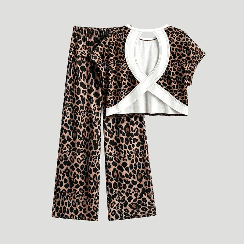 Leopard-print short-sleeved cutout top and trousers casual loungewear set