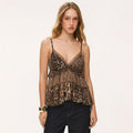 V-neck layered mesh ruffled spaghetti strap top
