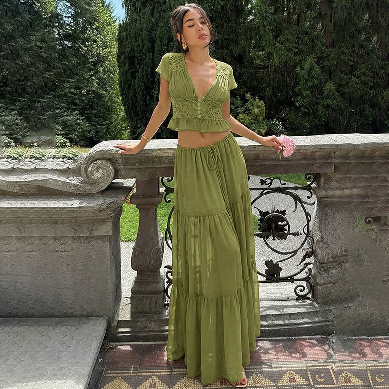 Vacation Style Lace Crop Top and Maxi Skirt Set