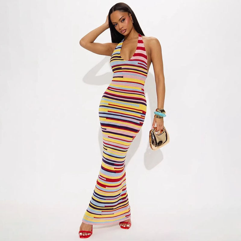 Slim-fit maxi dress with colorful stripes