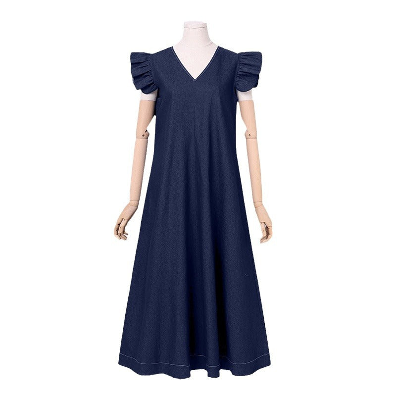 V-neck loose denim dress