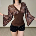 Retro floral patchwork bell sleeve fitted top