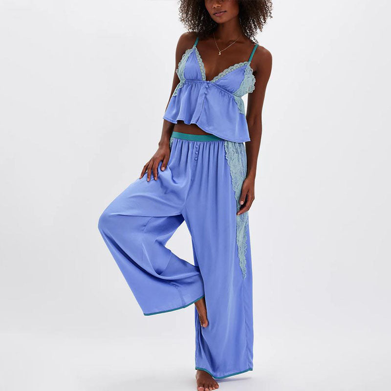 Lace-Trimmed Spaghetti Strap Camisole and Wide-Leg Pants Loungewear Set