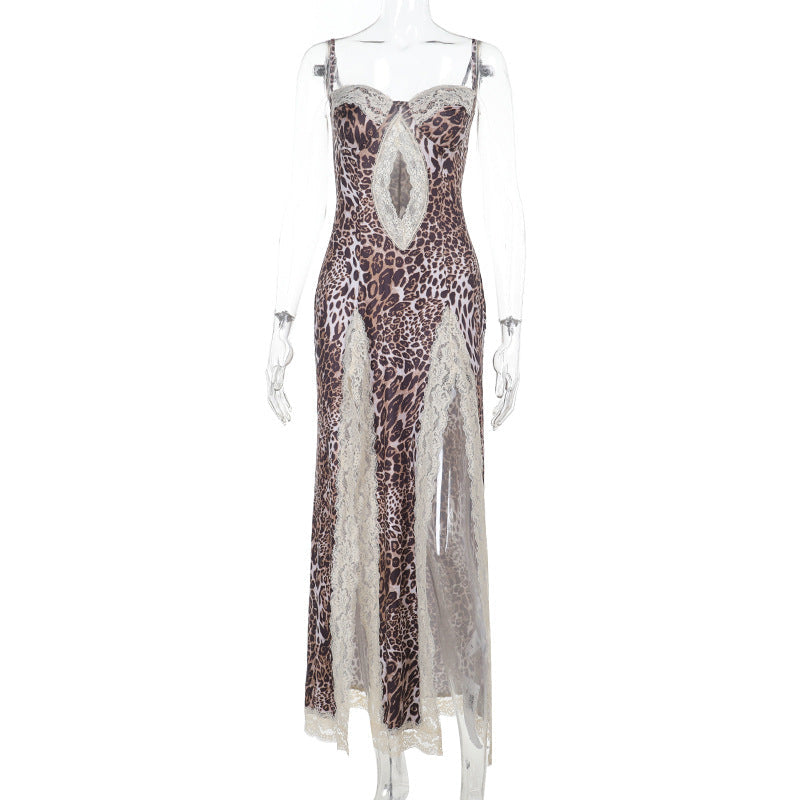 Lace-trimmed slit leopard print dress