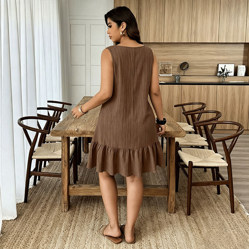 Asymmetric-neck sleeveless ruffle dress