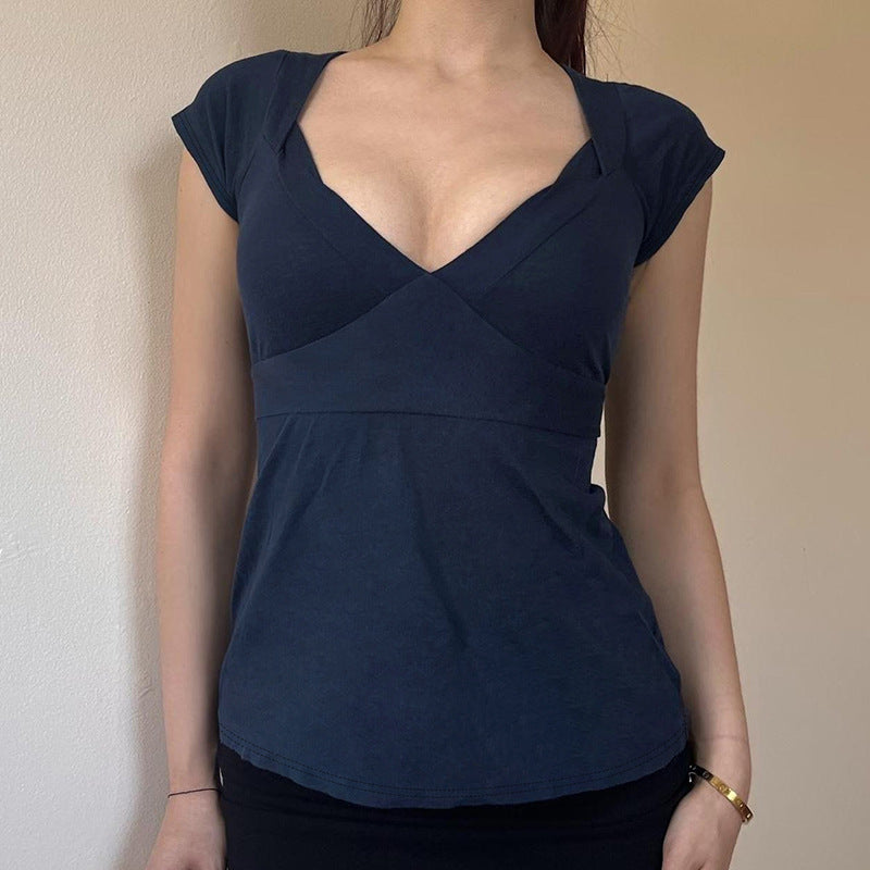 V-neck tie-front cap-sleeve top