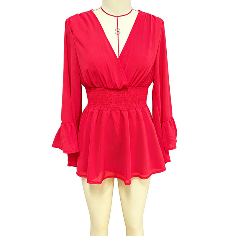 V-neck flared long-sleeved fitted waist dress