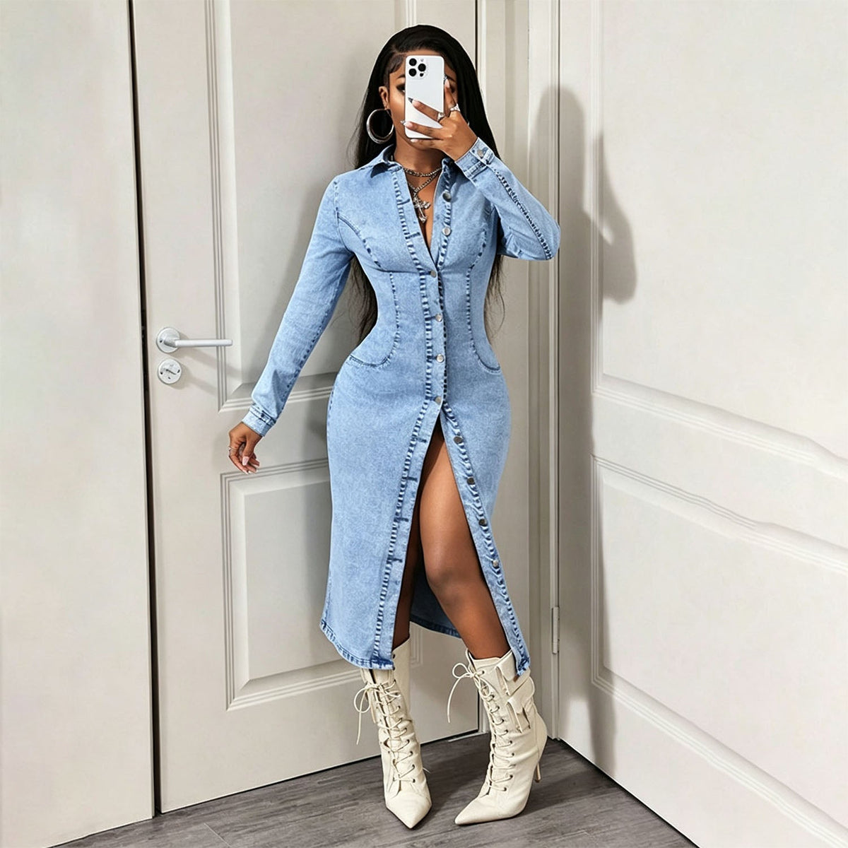 Button-front slim-fit denim dress