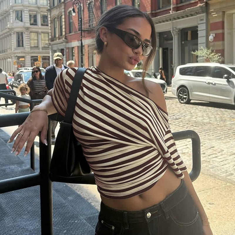 One-shoulder striped cropped top