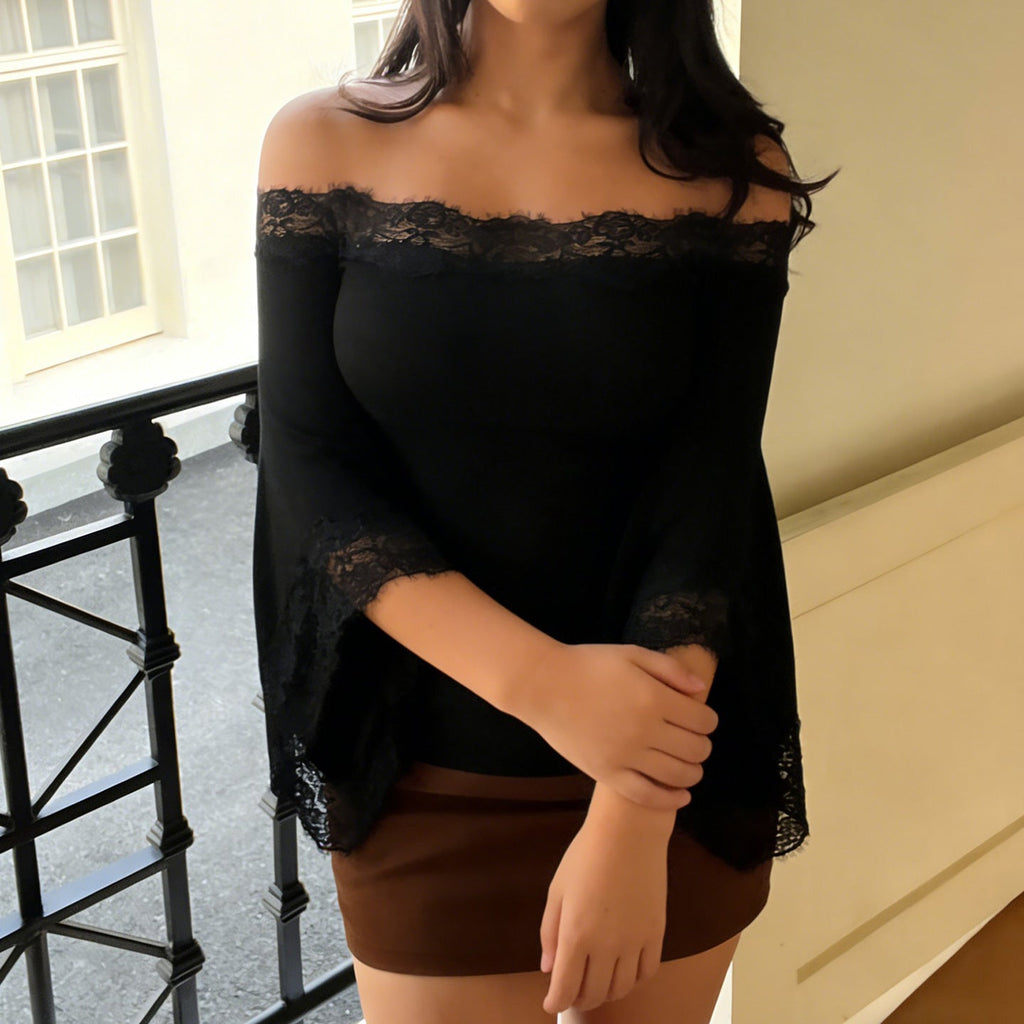 Off-the-shoulder lace-trimmed bell sleeve fitted top