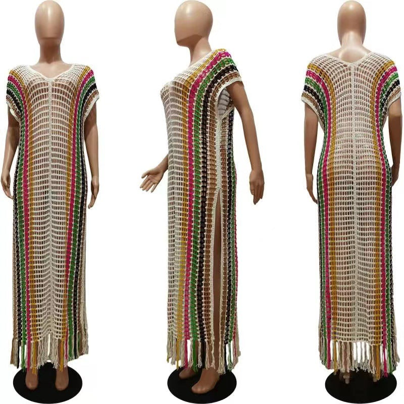 Striped fringed knit cover-up beach skirt