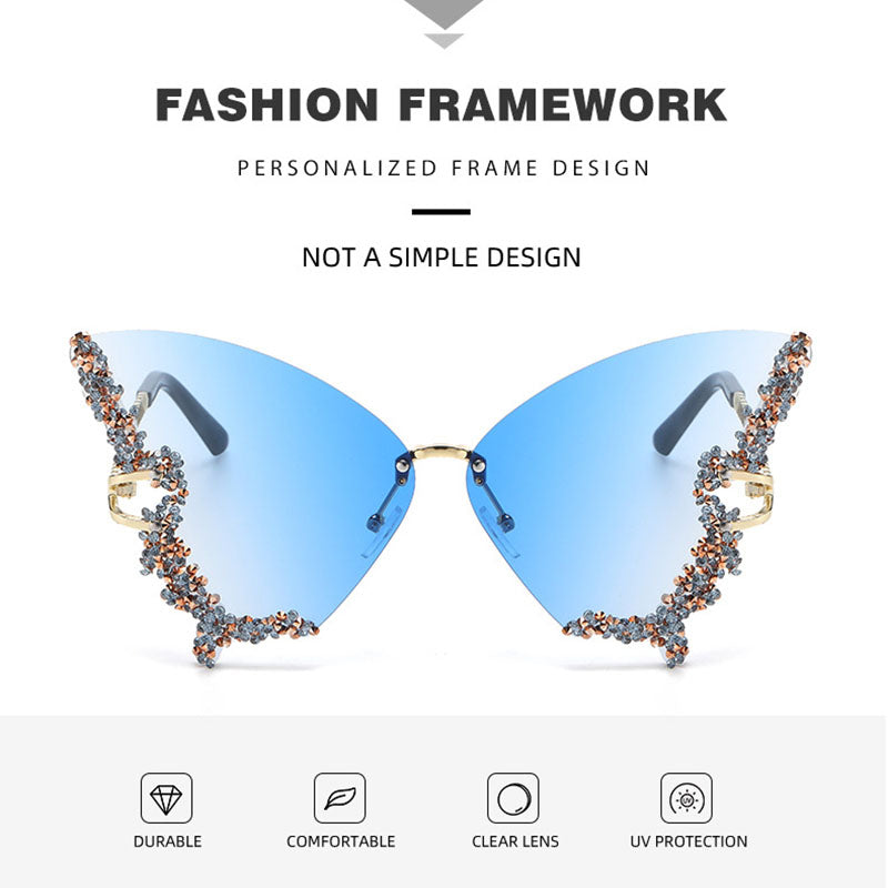 Butterfly-shaped sparkling rhinestone-rimmed sunglasses