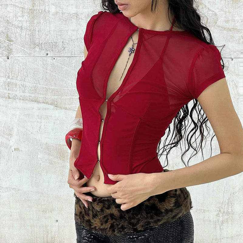 Cut-out mesh fitted cropped top