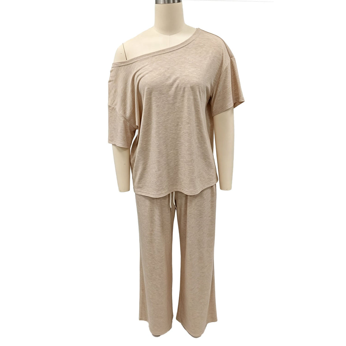 Off-shoulder short-sleeve top and wide-leg trousers set