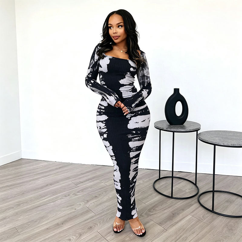 Tie-dye ribbed stretch slim-fit dress