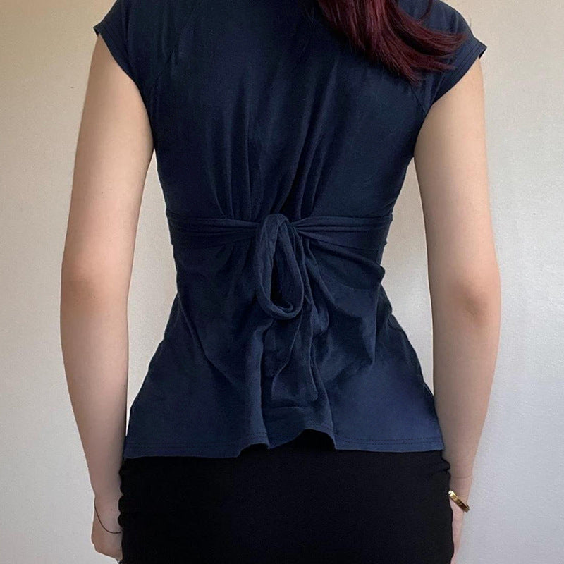 V-neck tie-front cap-sleeve top