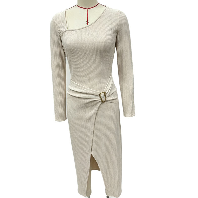 Long-sleeved irregular neckline slit dress