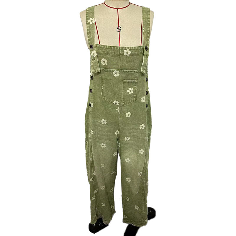 Floral denim wide-leg overalls