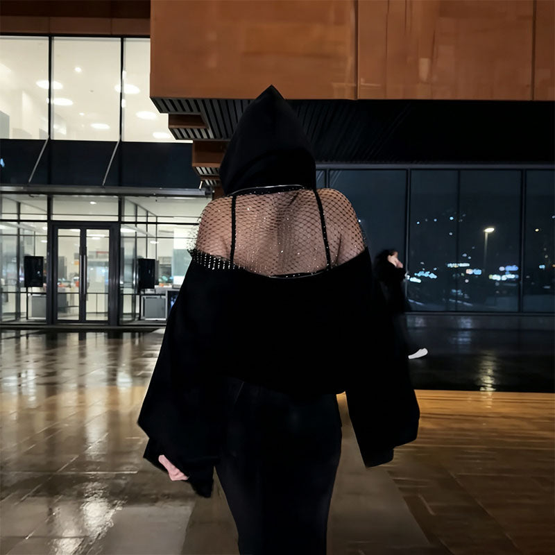 Open-back cutout mesh casual hoodie