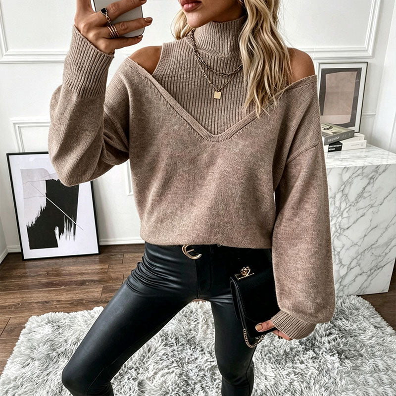 Mock-neck off-the-shoulder long-sleeve sweater