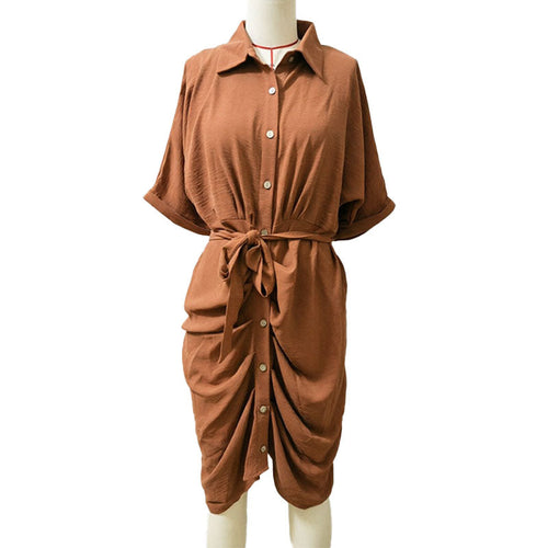 Belted pleated shirt dress