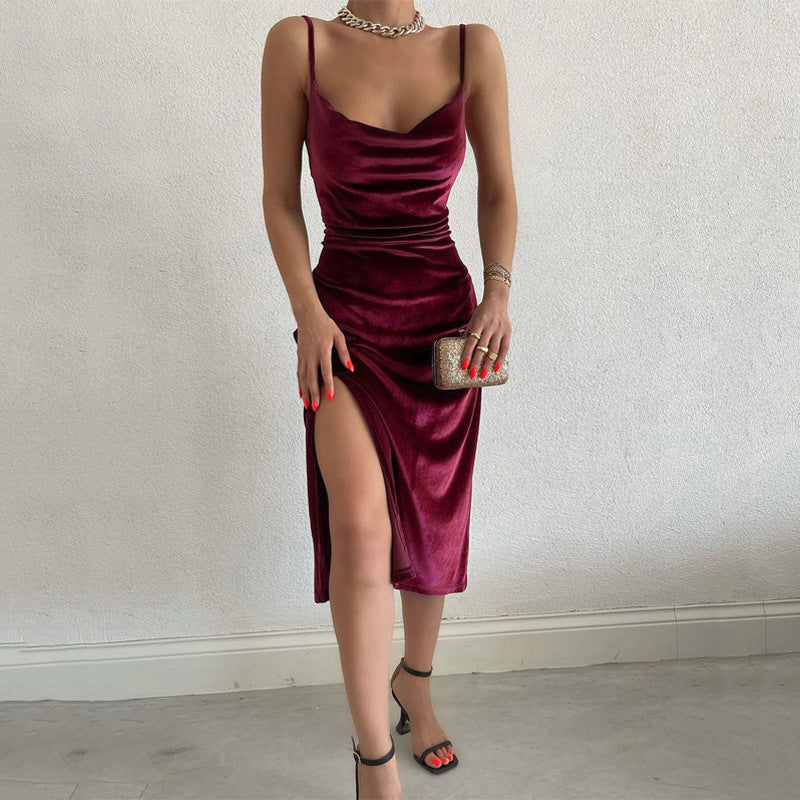 Waist-cinching slit slip dress