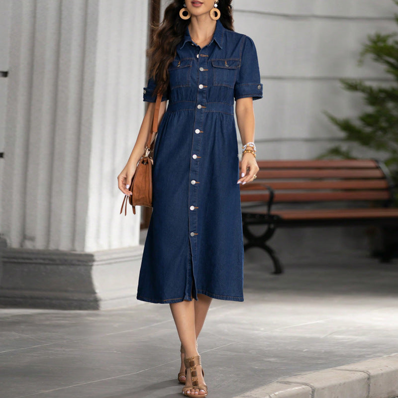 Collared short-sleeved fitted denim dress