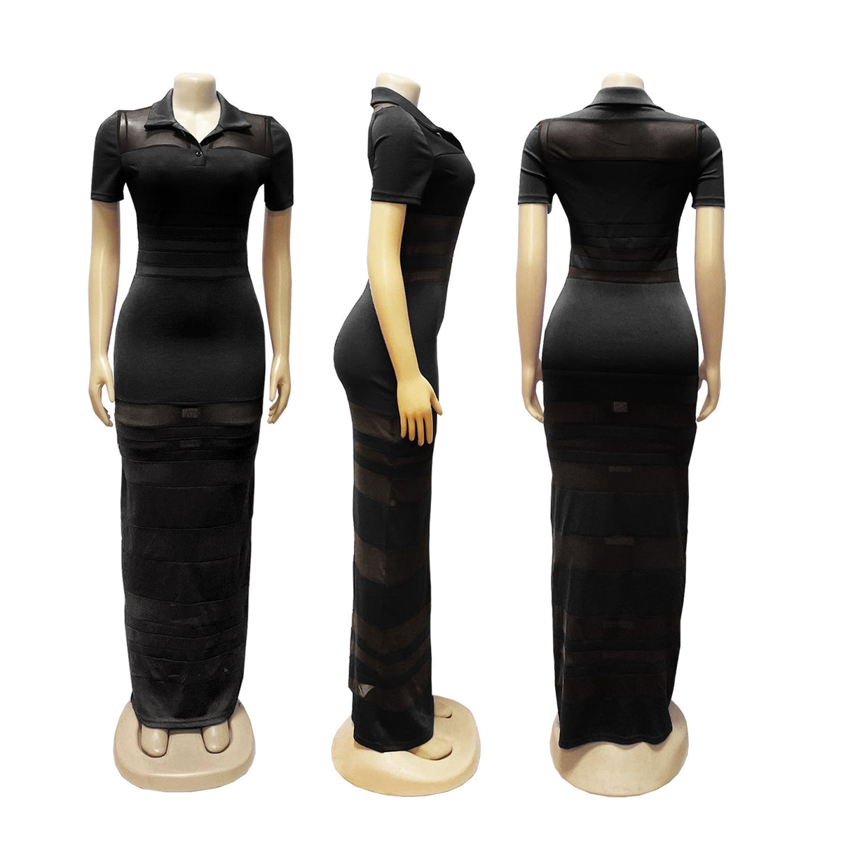 Striped Mesh Cutout Slim-Fit Maxi Dress