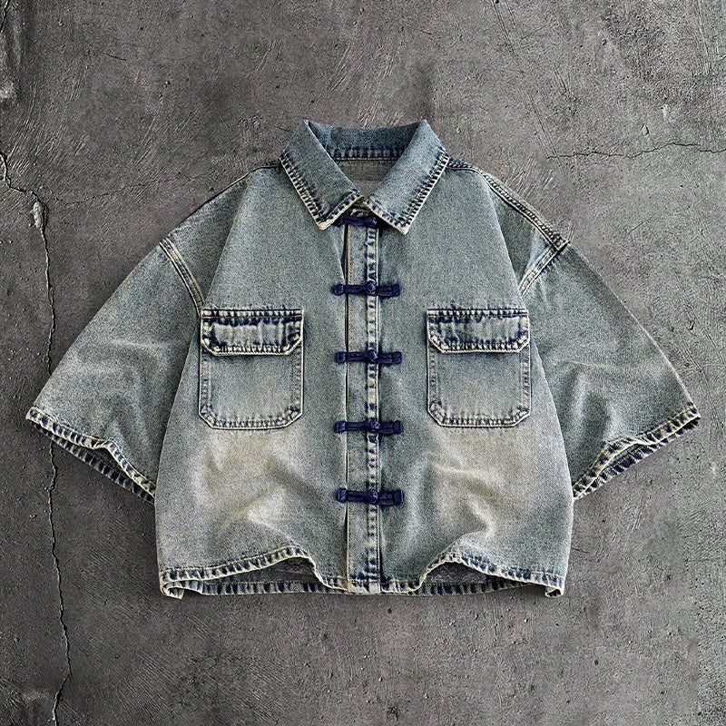 Men's Chinese-Style Frog Button Washed Denim Short-Sleeve Shirt