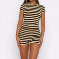 Crew neck slim-fit striped top and shorts two-piece set