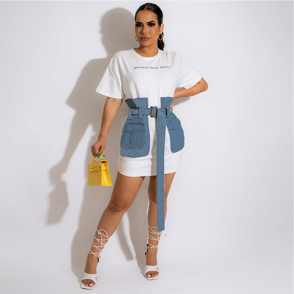 Letter print patchwork denim fitted T-shirt dress