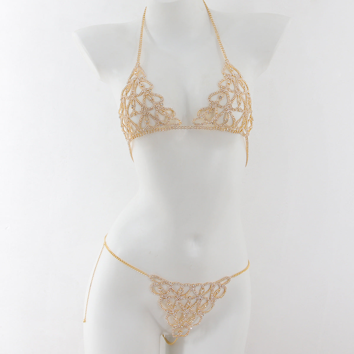 Rhinestone Heart Bra & Panty Body Chain Set