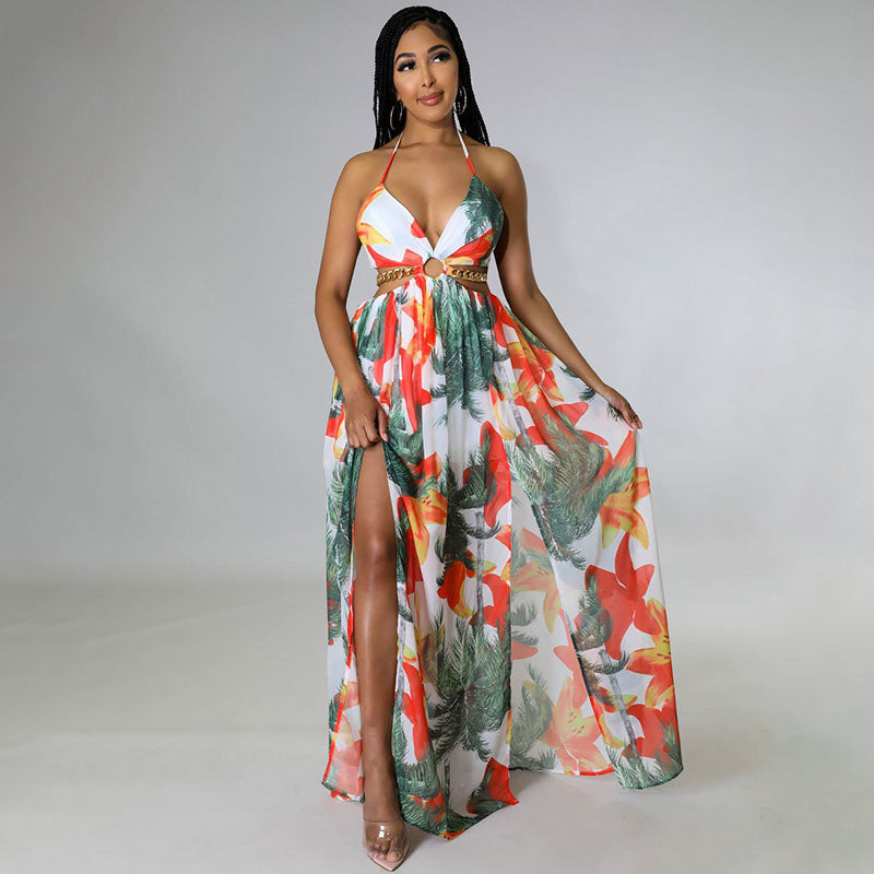 Deep V-neck backless high slit tropical print dress