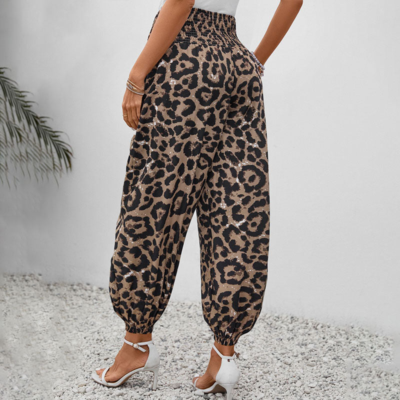 Casual leopard print elastic waist harem pants