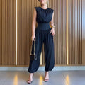 Drapey Sleeveless Wide Leg Waist Cinching Jumpsuit