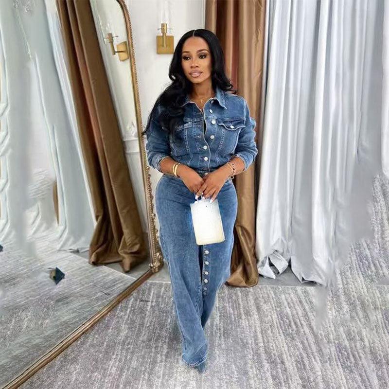 Long-sleeve button-front top and slim-fit jeans set