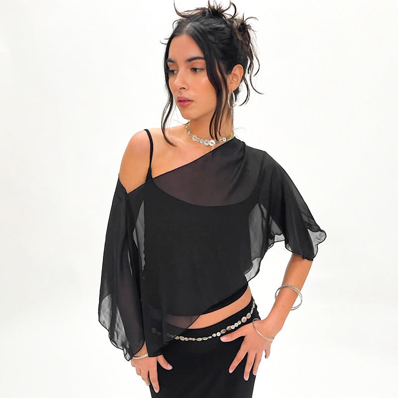 Layered shawl cover-up and short tank top two-piece set