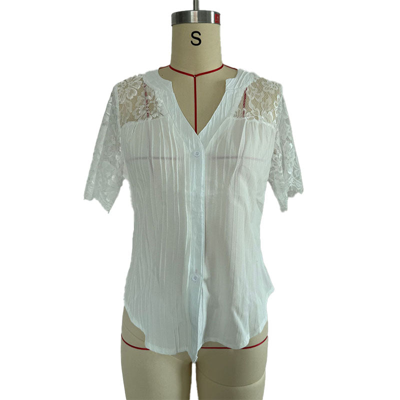 Short-sleeve V-neck shirt with lace splicing